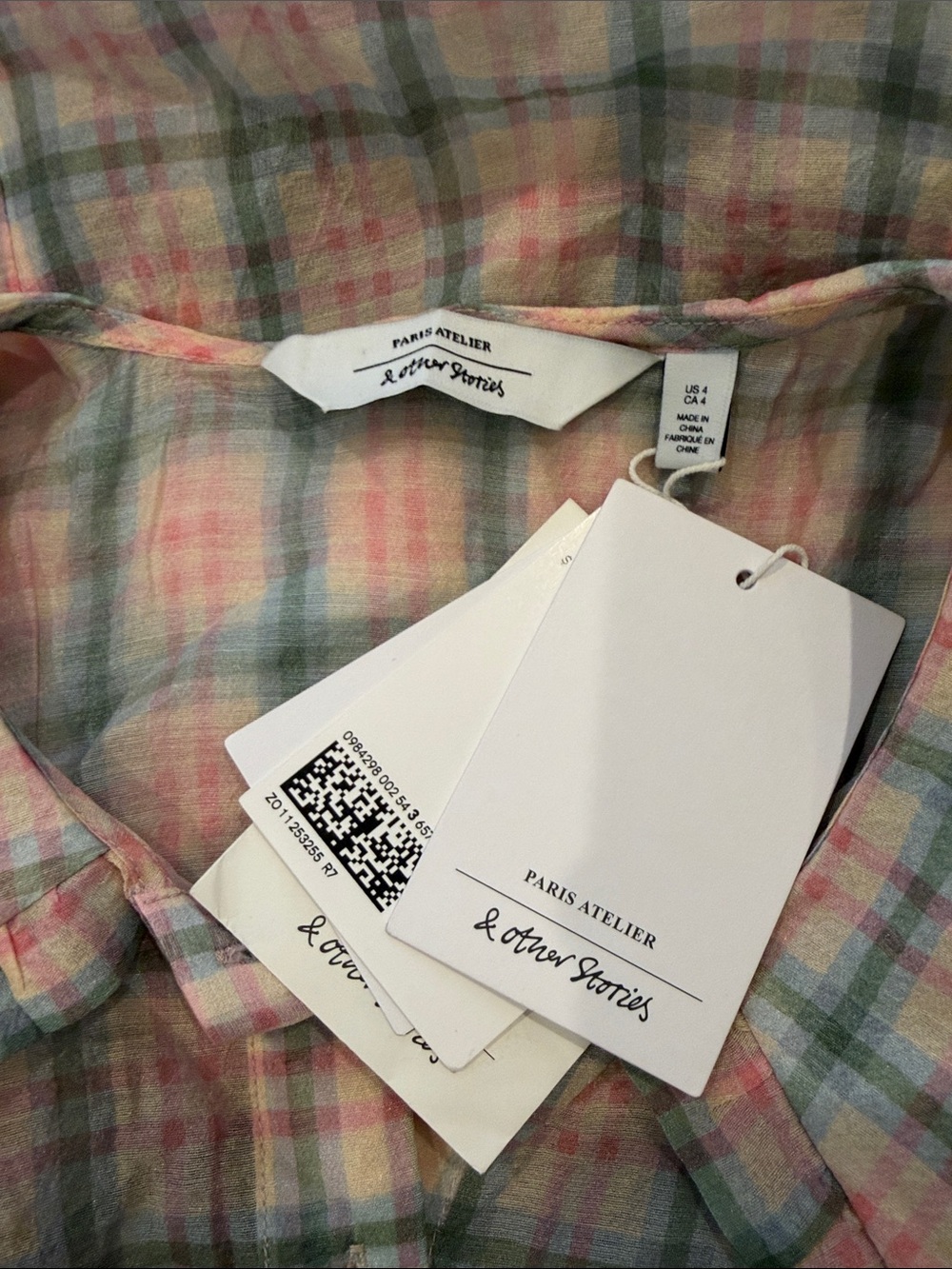 & Other Stories Pastel Plaid Sleeveless Button-Up Top with Ruffle Collar - Picture 3 of 3